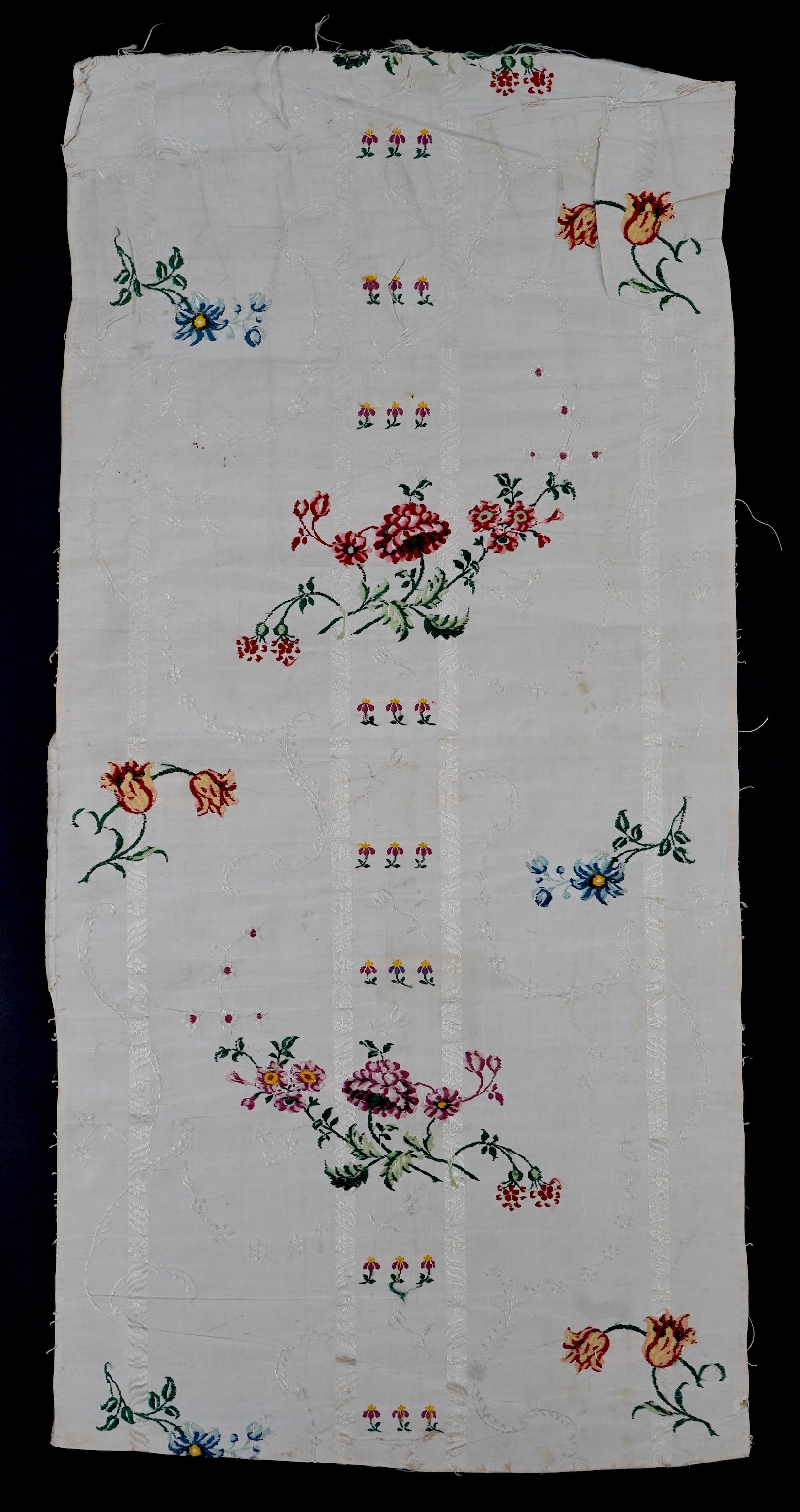 A length of 18th century short loom hand woven Spitalfields silk dress fabric, woven in cream silk with all over multicoloured spot floral motifs in a large repeat. 82cm repeat, total length of fabric 100cm x 48.5cm wide